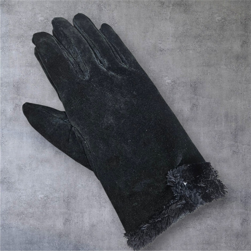 Black Leather Gloves Winter Fur Cuff Warm Dressy‎ Gloves Size Medium A106